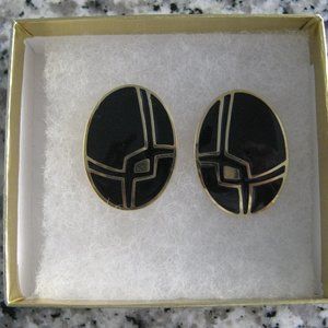 Black Pierced Earrings with a Gold Design